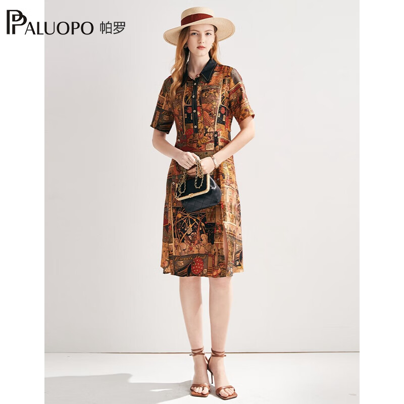 帕罗(PALUOPO)复古文艺真丝连衣裙女士碎花气质印花100%桑蚕丝短袖中长a字裙 花色 XL (170/92A)