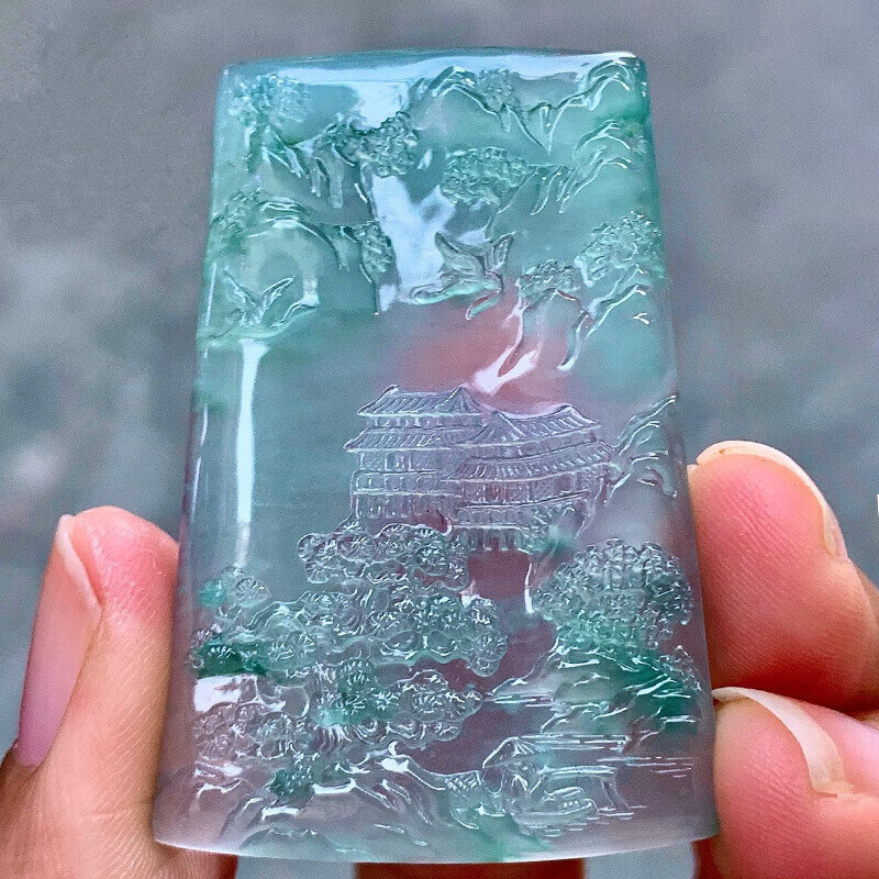 聪蝶缅甸老坑翡翠玉石雕刻坠子冰种浅飘绿飘花山水牌吊坠男女项链挂件