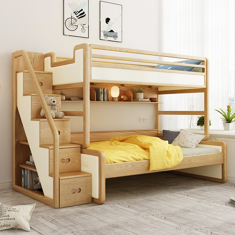阿呆熊 上下床北欧实木儿童床白蜡木高低床组合卧室家具 双层床+梯柜(原木色) 上铺900*2000 下铺1200*2000