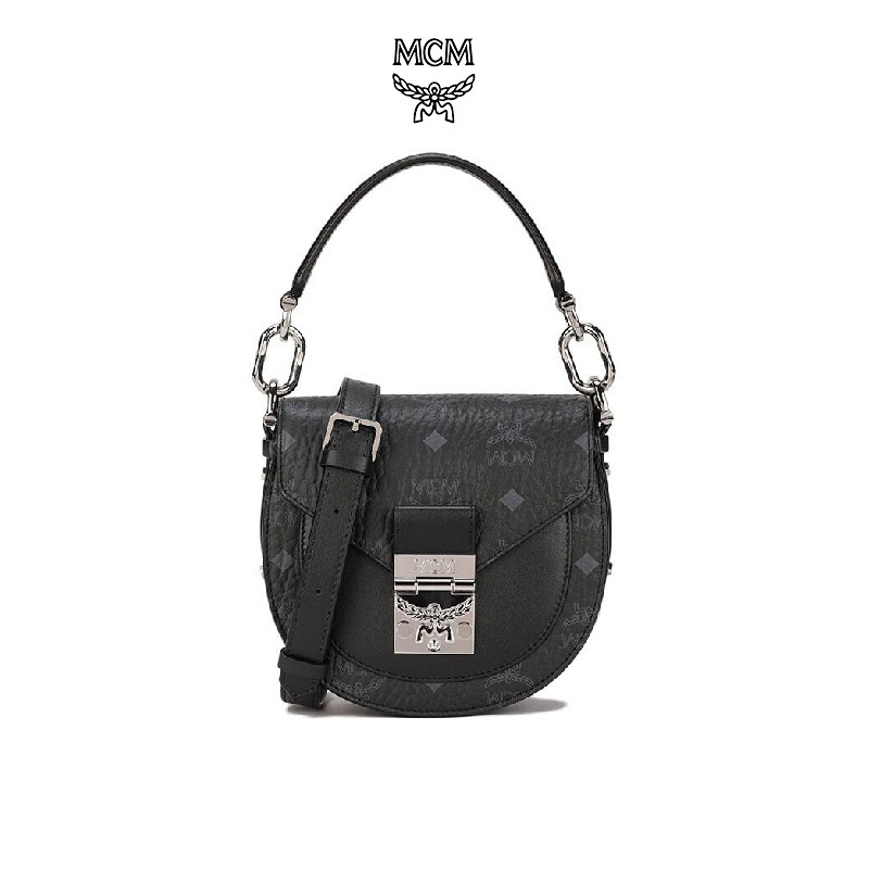 MCM 奢侈品 女士 Patricia Visetos系列黑色印花logo迷你单肩斜挎包马鞍包 MWSAAPA02BK001