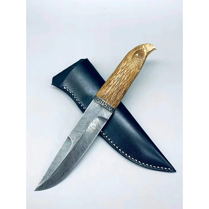 雨轩户外鹿角手工雕刻手柄羽毛纹大马钢刀粉末小直刀收藏送礼刀具高端