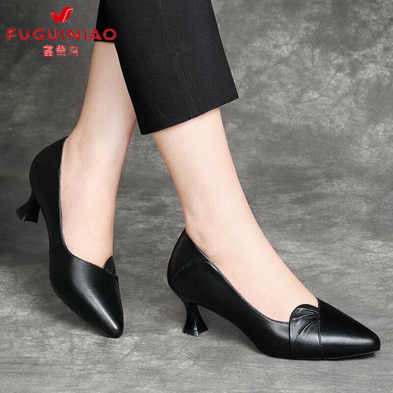 富贵鸟单鞋女2024秋季新款中跟高跟鞋头层牛皮皮鞋妈妈鞋大码软皮女鞋