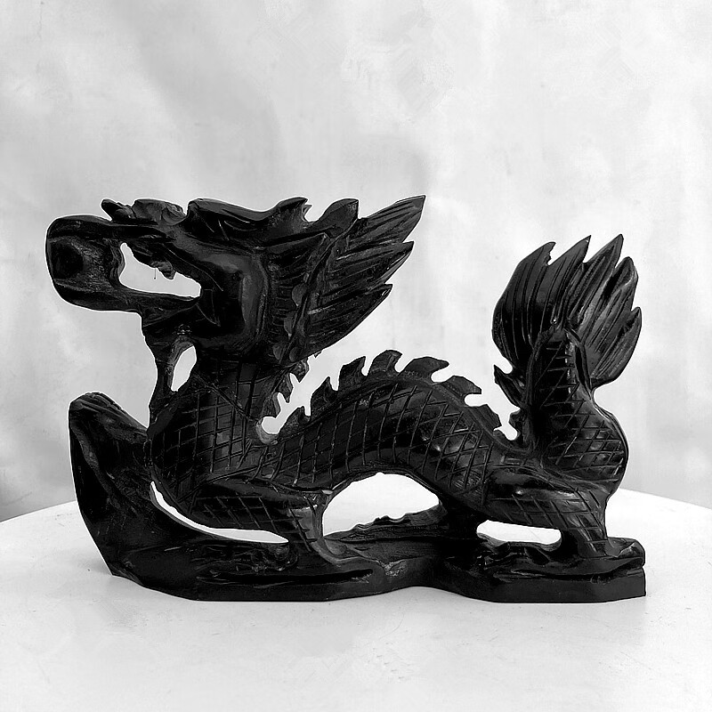 天然黑玉石龙摆件黑曜石龙十二生肖保平安家居玄关办公室中式装饰 长