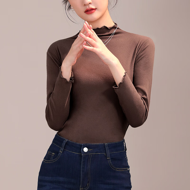 六月玫瑰 打底衣女新款双面磨毛内搭半高领打底衫秋衣女上衣2件装 杏+深咖(80-125斤) 均码