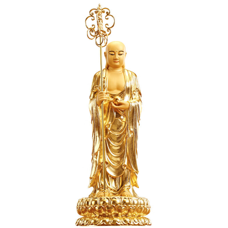 纯铜地藏王佛像站立家用佛堂九华山佛堂贴金地藏王菩萨铜佛像摆件 高