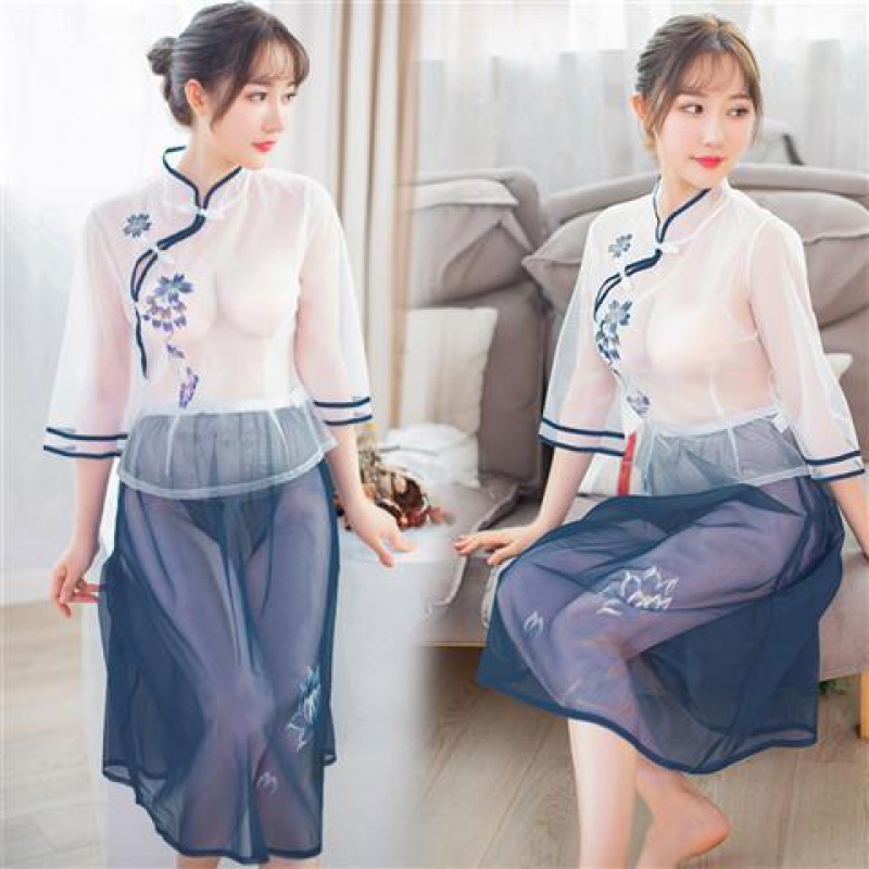 性感古装透视制服三点式激情套装小胸旗袍开裆用品sm制服诱惑角色扮演