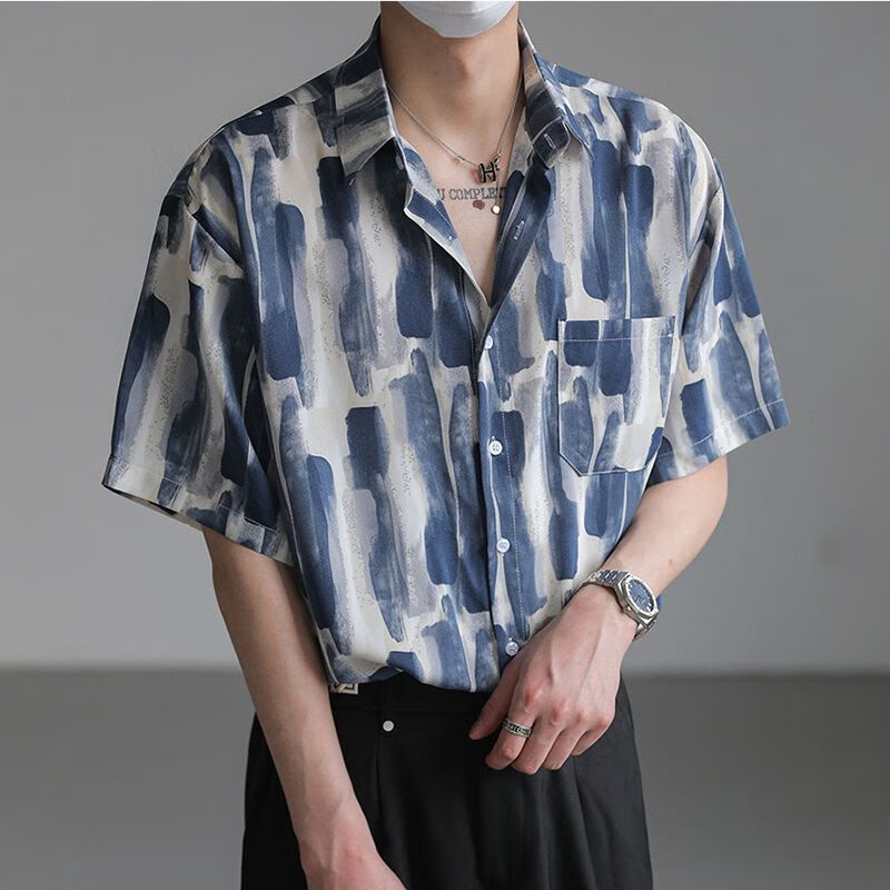 禾纾男生穿搭一整套夏季青春风穿搭 夏季水墨条纹冰丝短袖花衬衫男痞