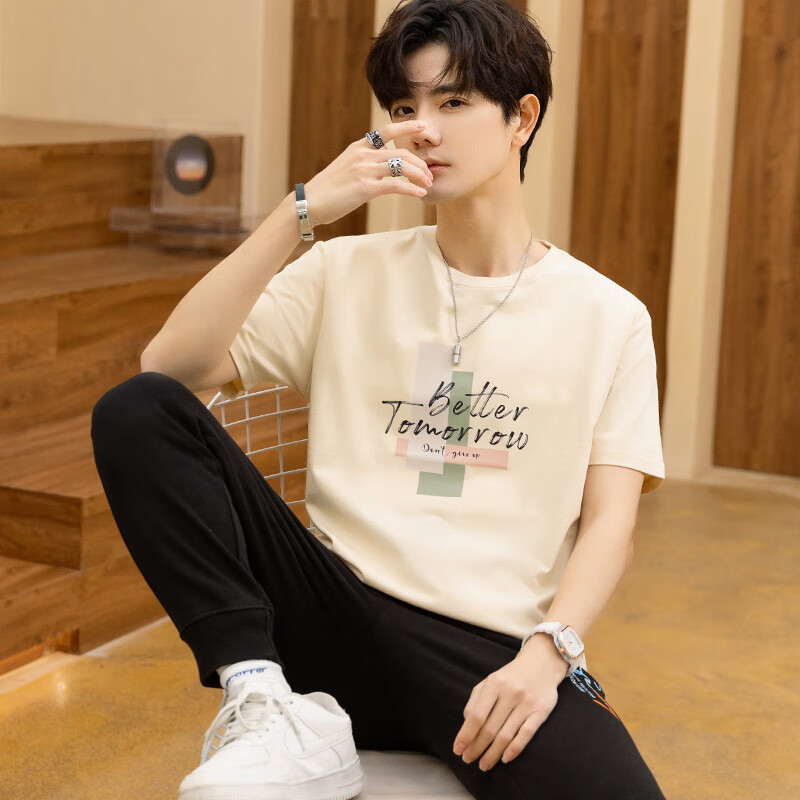 TEEK高中生重磅纯棉t恤男士短袖上衣服 青少年夏装夏季休闲半袖体恤衫 【柔软舒适】HS78M杏色 S