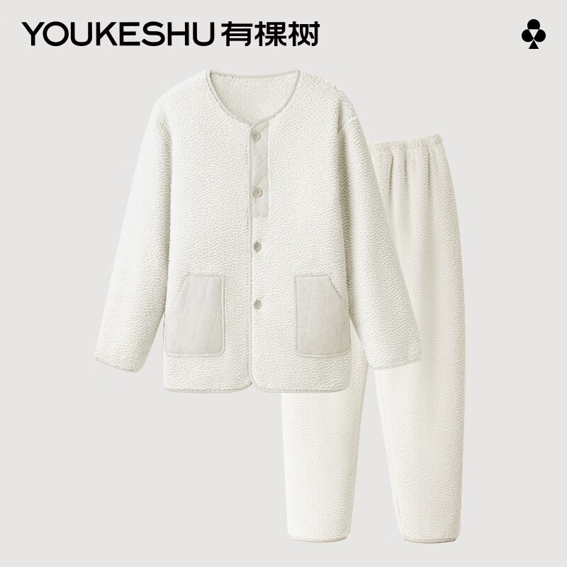 有棵树睡衣冬季女士珊瑚绒家居服套装加厚保暖长袖秋季 米白 L