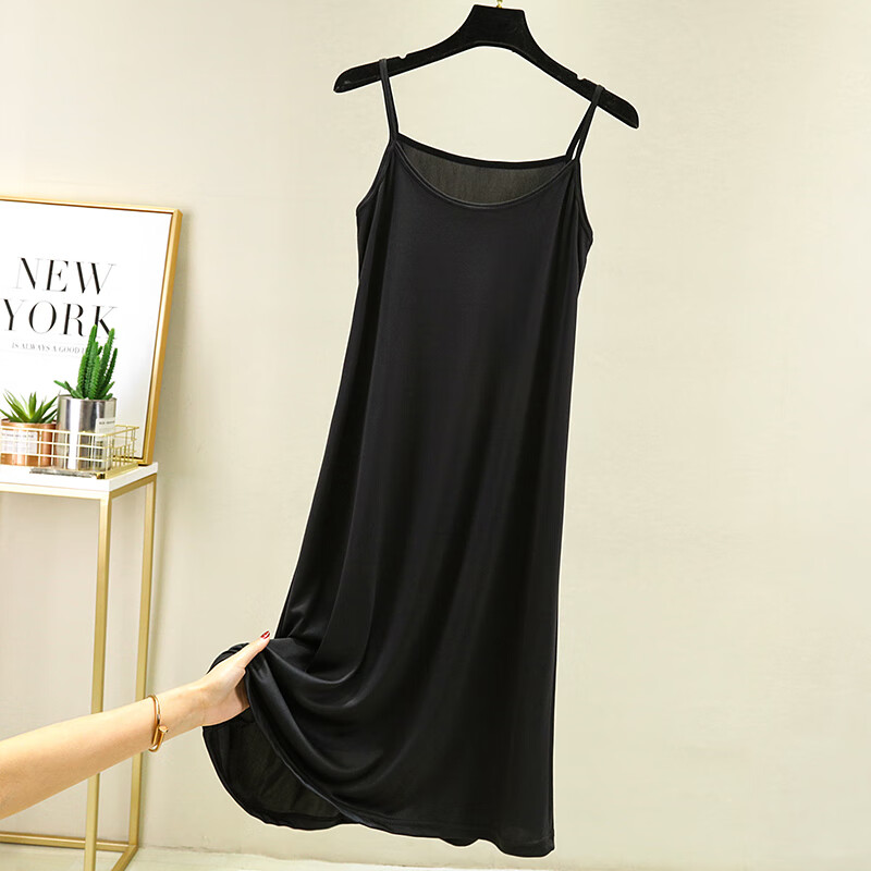 细熙吊带裙女夏季薄款冰丝宽松打底裙内搭衬裙a字连衣裙长款裙子 黑色