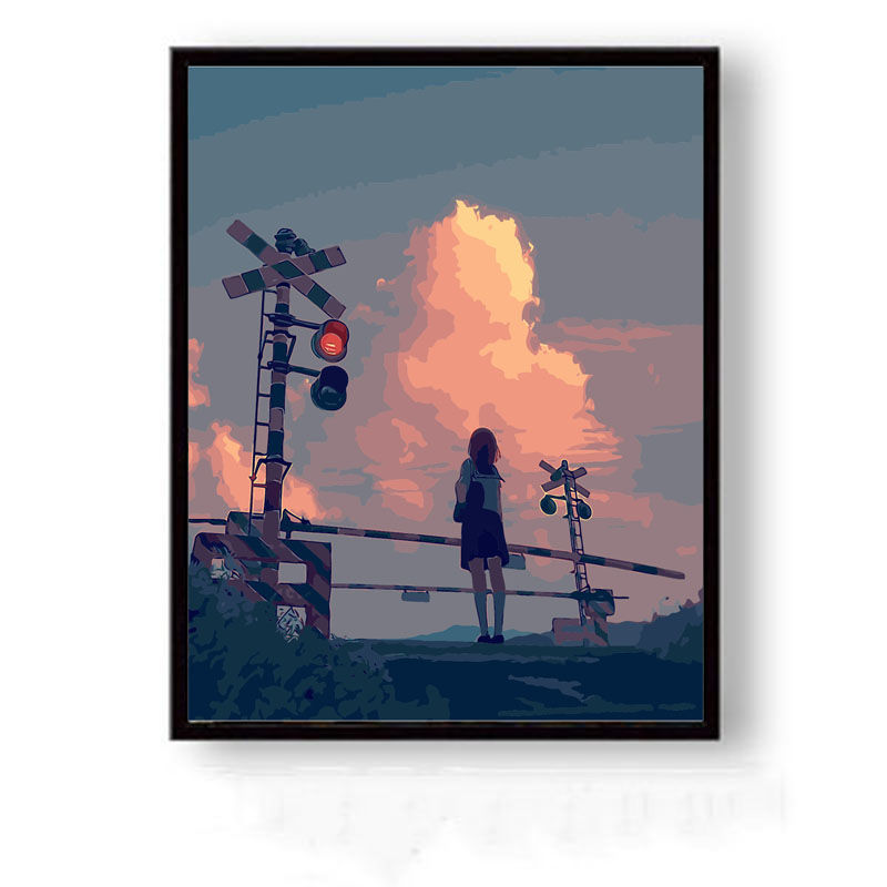 二次元少女ins动漫人物卧室风景手绘油彩画自绘装饰画 x058晚霞背影
