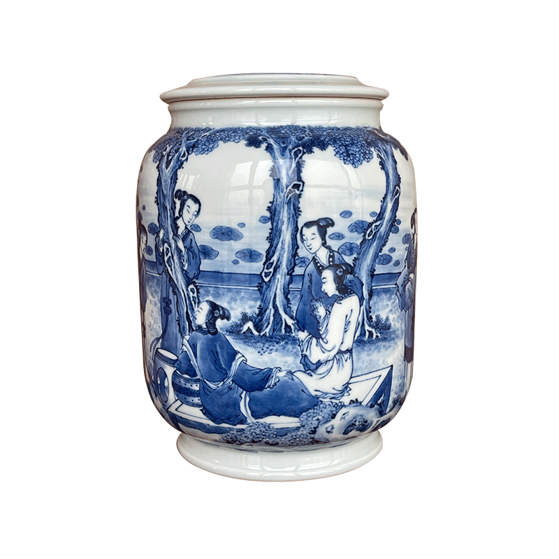 煙波致爽閣烟波 景德镇 九段烧 九段心传款 青花 仕女 茶叶罐 茶仓