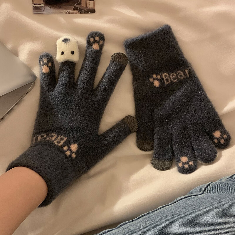察今可爱毛绒针织五指手套女士冬季保暖加厚学生触屏骑车冬天防寒防风 萌小狸藏青色【加绒加厚/触屏】