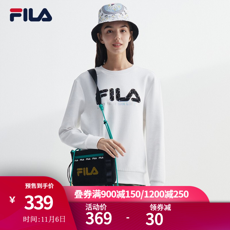 fila 斐乐女装官方女子卫衣秋季新款运动简约针织套头衫女卫衣 标准白