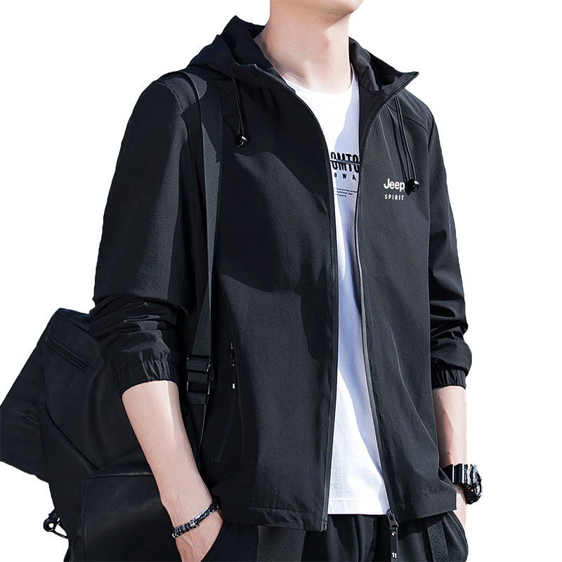 JEEP SPIRIT吉普外套男連帽春秋季夾克男士休閑男裝百搭上衣服 黑色 XL 