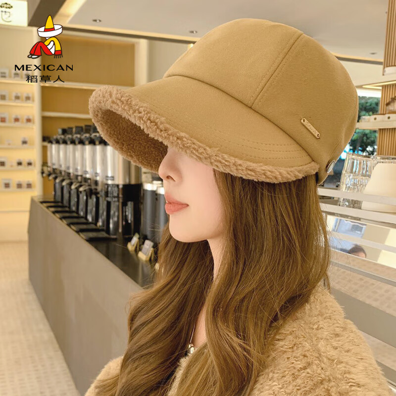 稻草人渔夫帽女2024冬季新款韩系百搭时尚鸭舌帽保暖防寒护耳帽子潮 卡其色 均码