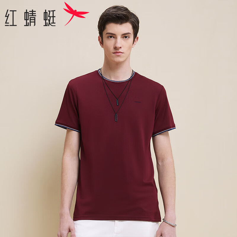 红蜻蜓（RED DRAGONFLY）短袖t恤男休闲时尚百搭圆领棉质舒适透气打底衫 红色 M 使用感如何?