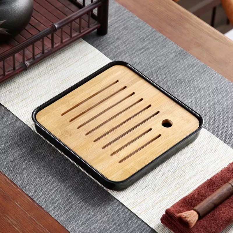 现发】简约竹制茶盘功夫茶具储排水茶托盘家用酒店干泡盘茶 黑色底盘