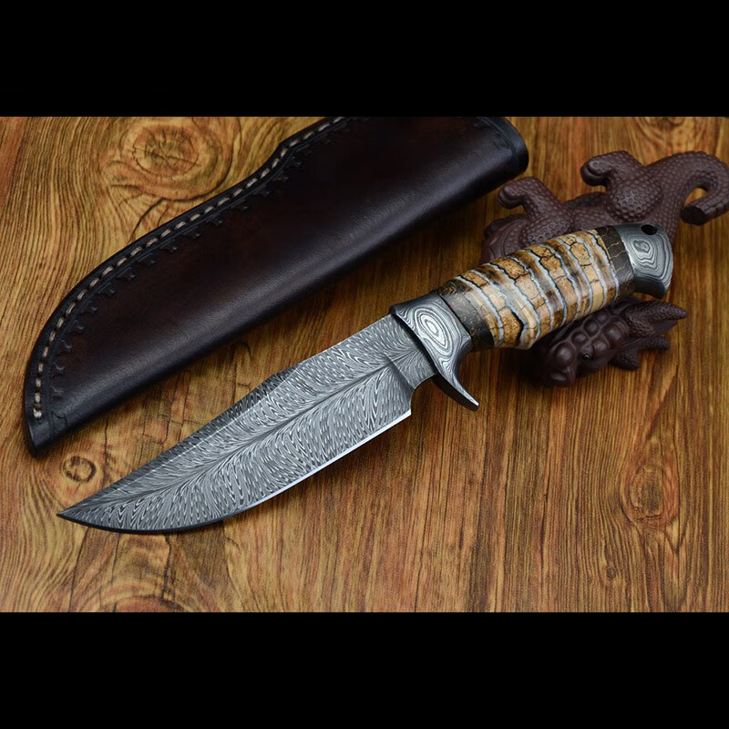 雨轩户外 羽毛纹大马士革钢小直刀手工制作猛犸臼齿稳定化木榴手柄