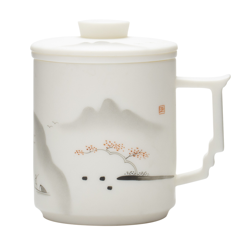流影手绘茶具羊脂玉水杯办公杯三件套带盖过滤茶杯冰种陶瓷伴手礼定制 手绘办公杯-江南山水 410ml 1只