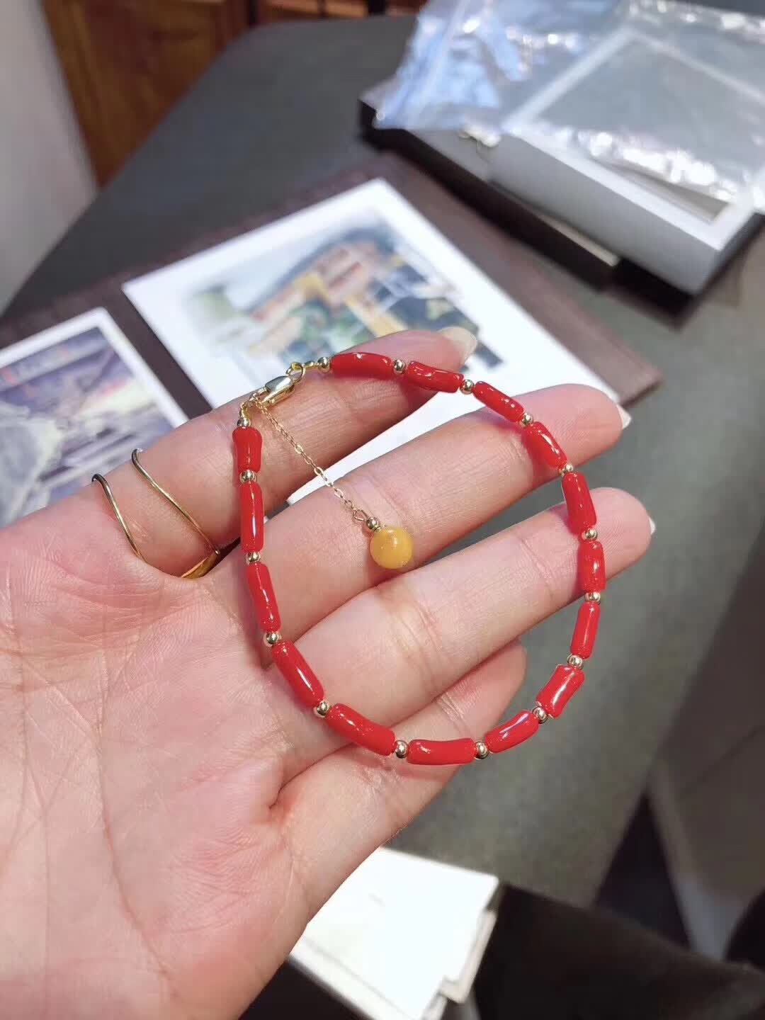 oimg红珊瑚珠手串意大利品质天然有机宝石单圈红色手链手串红宝石本命