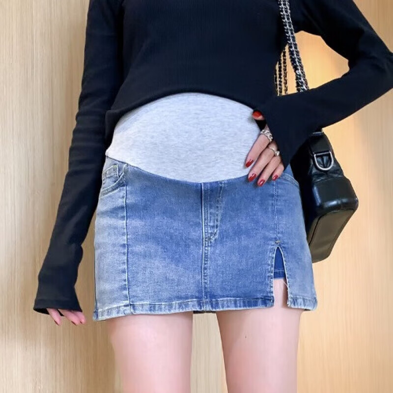 千雨雪孕妇半身裙装外穿包臀开叉托腹牛仔短裙假两件短裙 浅蓝色 m