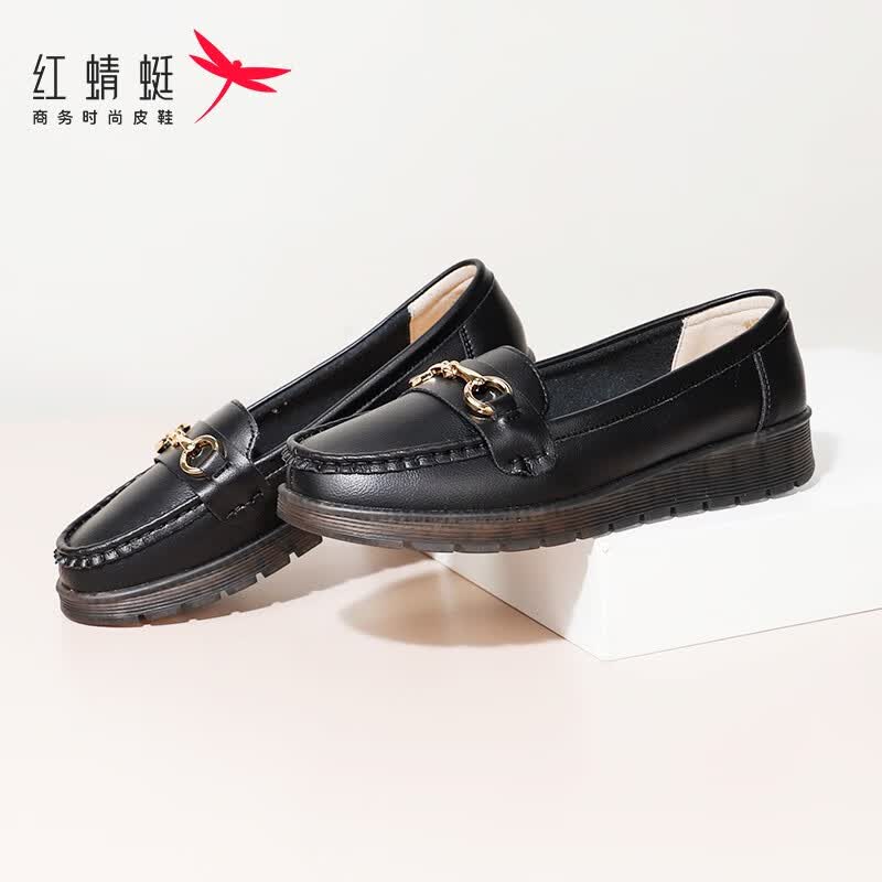 红蜻蜓女鞋新款一脚蹬舒适妈妈鞋软底豆豆鞋女通勤百搭护士休闲平底单鞋 黑色 37