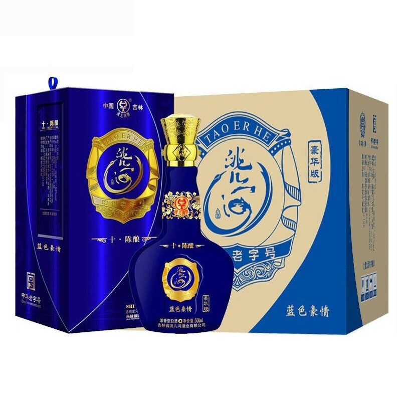洮儿河蓝色豪情十年10年陈酿白酒浓香型 东北吉林名酒粮食酒礼盒装 38度 500mL 6瓶 整箱装