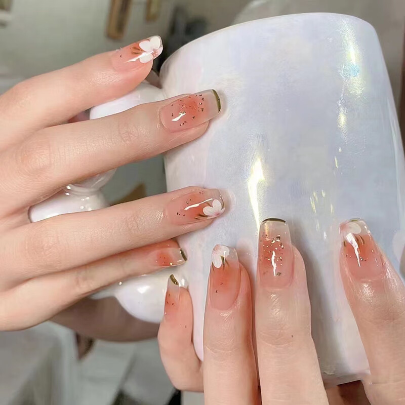 甲2023年新款美甲指甲贴片短款感成品穿戴式美甲贴片套装 冰透桃花