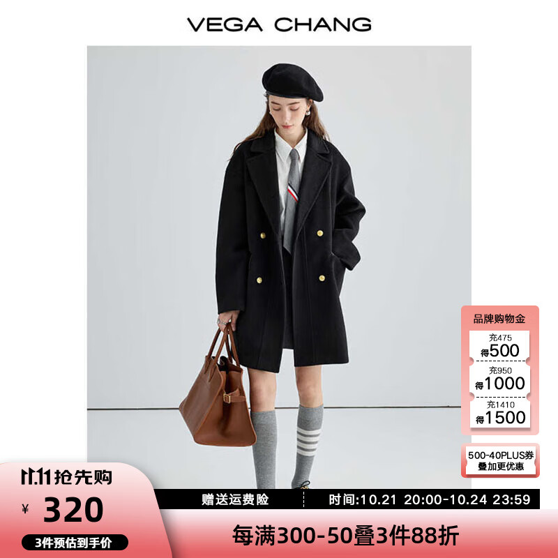 VEGA CHANG赫本风羽绒大衣女冬学院风高级感黑色毛呢大衣潮 黑色（南方版）-预售20天 S