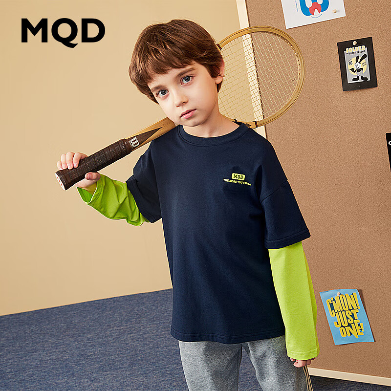 MQD童装男童秋装新款假两件上衣儿童T恤 藏青 140