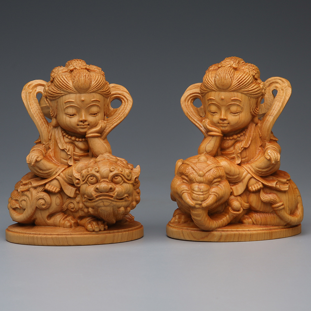 正宗府崖柏木雕普贤文殊大象普贤坐狮子摆件 本命年生肖实木佛像工艺