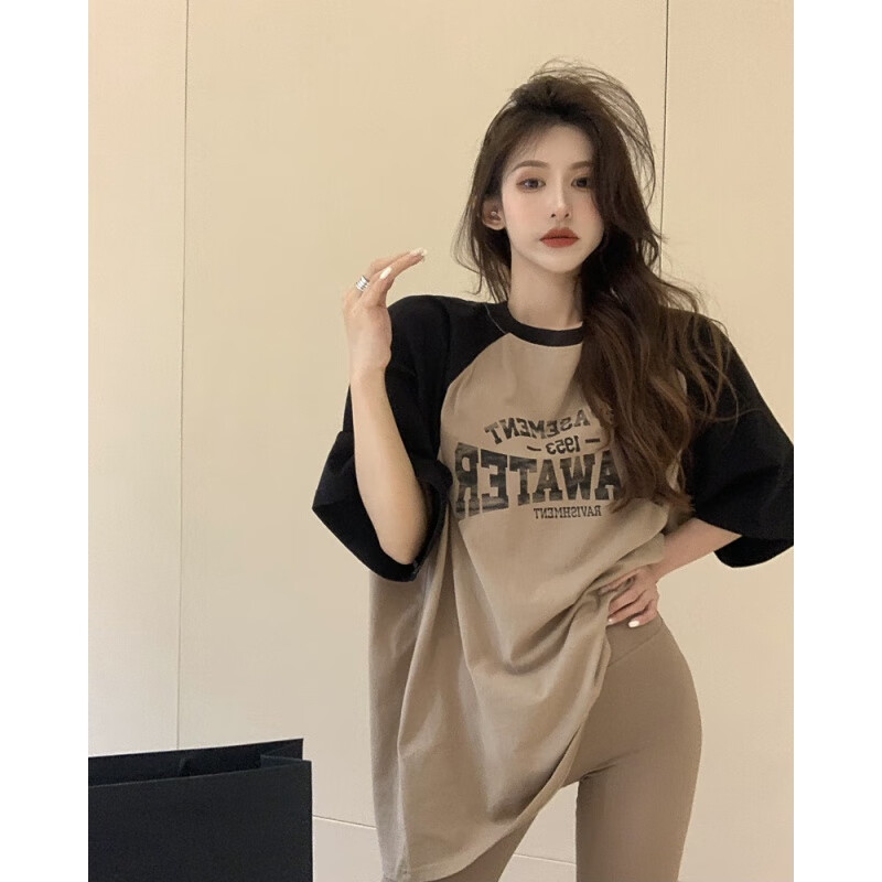 黛秀搭配鲨鱼裤的夏季薄款上衣妹妹300斤学生宽松显瘦遮肉拼色正肩短