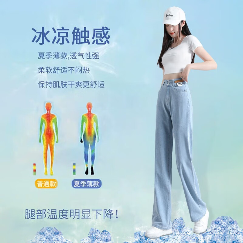 浪莎莱赛尔天丝牛仔裤女夏季高腰垂感冰丝牛仔裤子女宽松休闲阔腿裤女 深复古蓝 M (适合95-110斤)