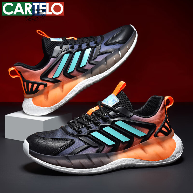 卡帝乐鳄鱼男鞋春夏透气超轻男士休闲鞋百搭减震跑步网面鞋薄款青少年运动鞋 黑桔[透气款]QH3359 40
