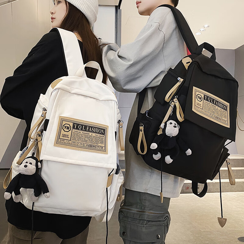 辰叙书包男大学生高中学生2024新款ins潮酷少女生初中生大容量双肩包 黑色带黑猩猩挂饰 京东折扣/优惠券