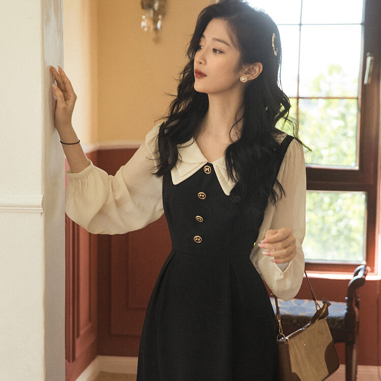 职业连衣裙女春季装法式通勤黑色衬衫教师面试穿搭 款式一黑色裙配