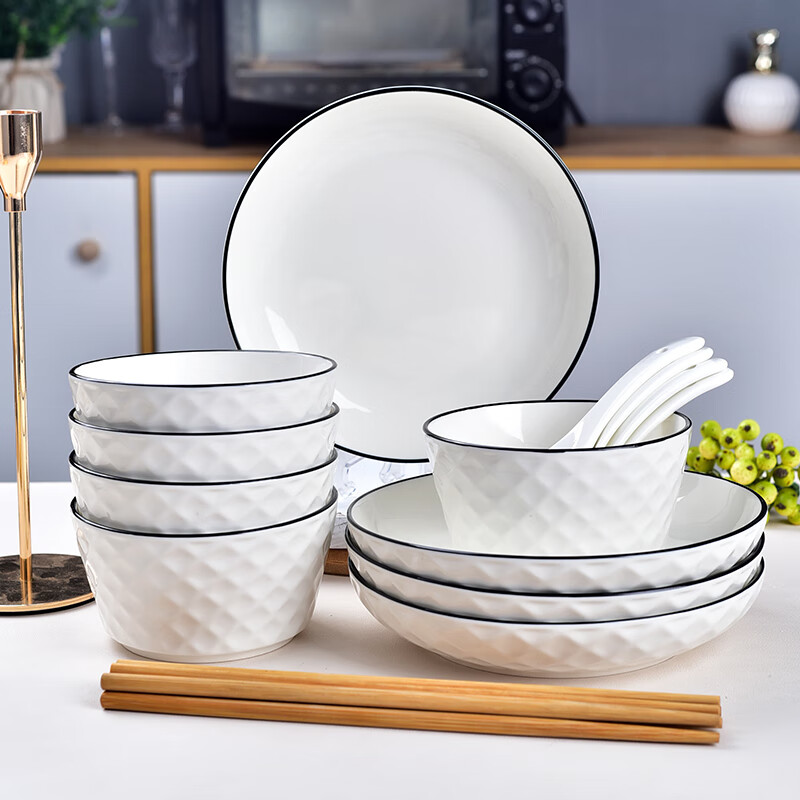 肃匠陶瓷米饭碗家用汤碗面碗餐具套装釉下彩描边餐具吃饭饭早餐碗 玫瑰(4碗4盘4勺4筷) 16件套 【2-4人食】