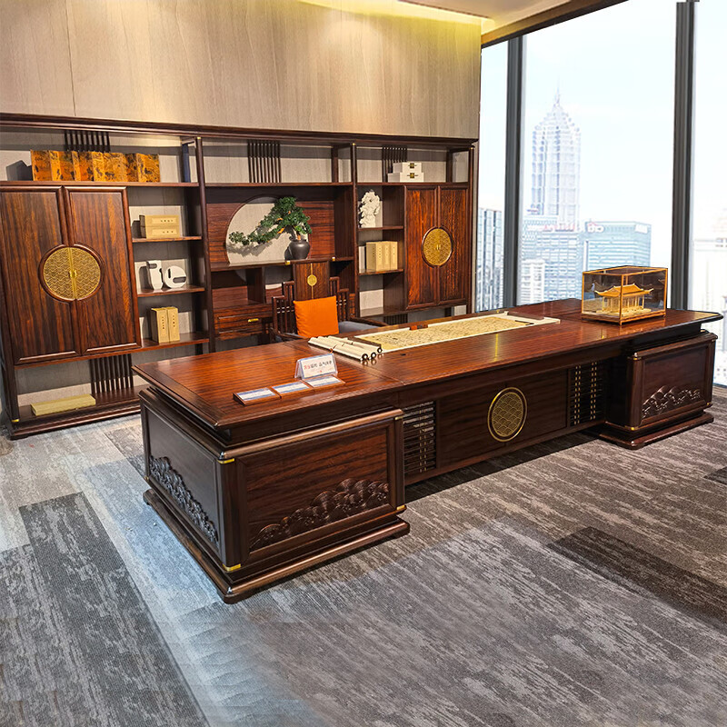 缦宛木新中式老板桌大班台总裁实木办公桌椅组合乌金木董事长办公室