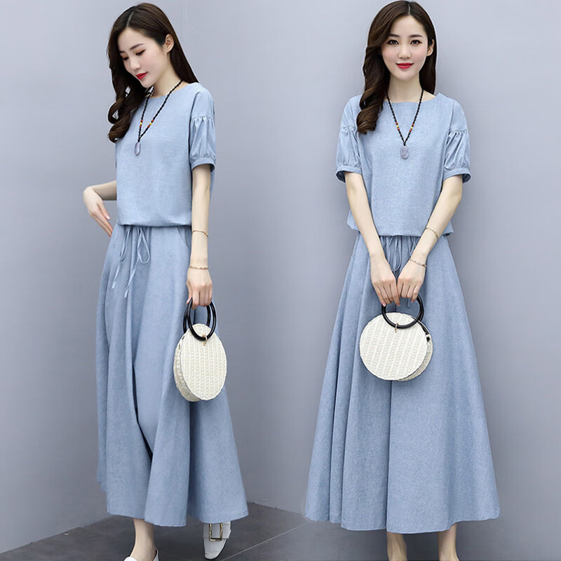 轩轾晴中年妇女夏季套装加肥加大麻连衣裙女两件套年显瘦洋气减龄夏天