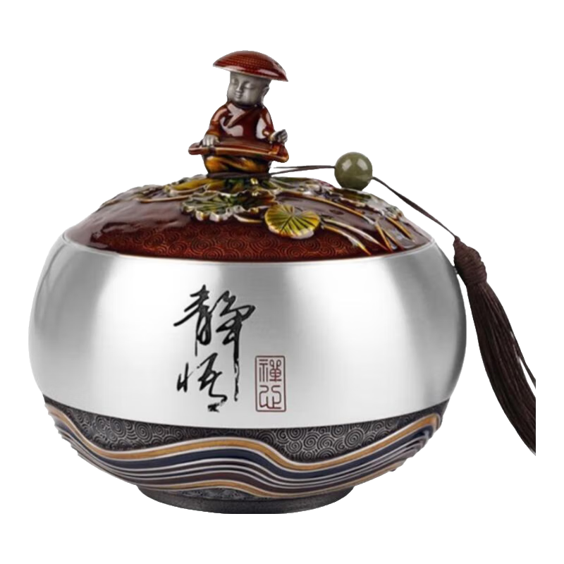 京峰閣 錫罐 純錫茶葉罐大號醒茶罐錫器密封儲茶罐教師節(jié)禮物商務(wù)禮品 靜悟鎏金中號12*12*13.5