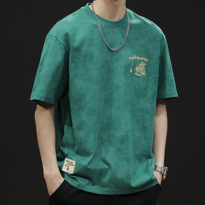 依郎酷重磅短袖t恤男士宽松大码潮牌夏季2026新款潮流纯棉圆领男装体恤 原野绿 XL 【145-160斤】