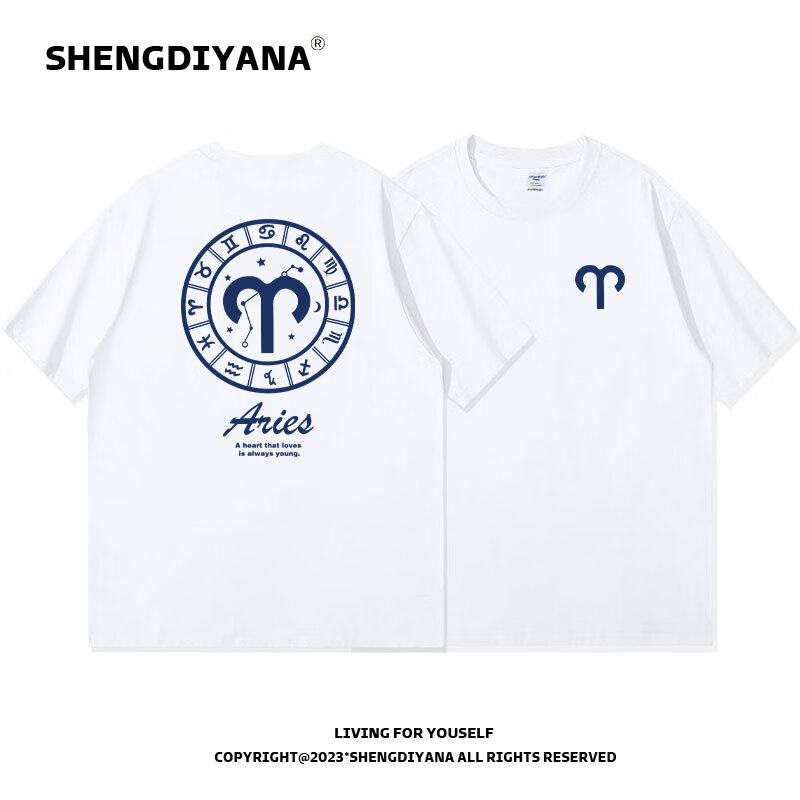 印花短袖t恤男女高街重磅纯棉情侣装半袖宽松休闲大码tee 白-白羊座 s