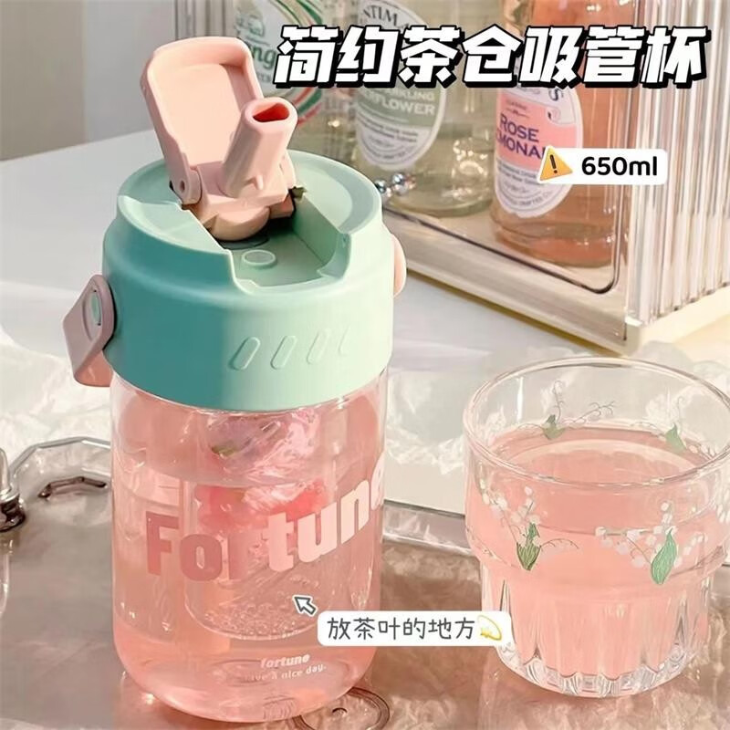话语水女生高颜值新款随身杯美妆工具透明大容量塑料吸带盖咖啡 颜色随机