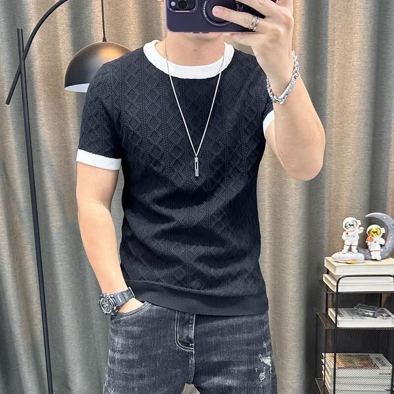 LUO ELEMENT短袖毛衣男秋冬新款弹力紧身半袖针织衫圆领内搭半截袖打底衫上衣 黑色 M