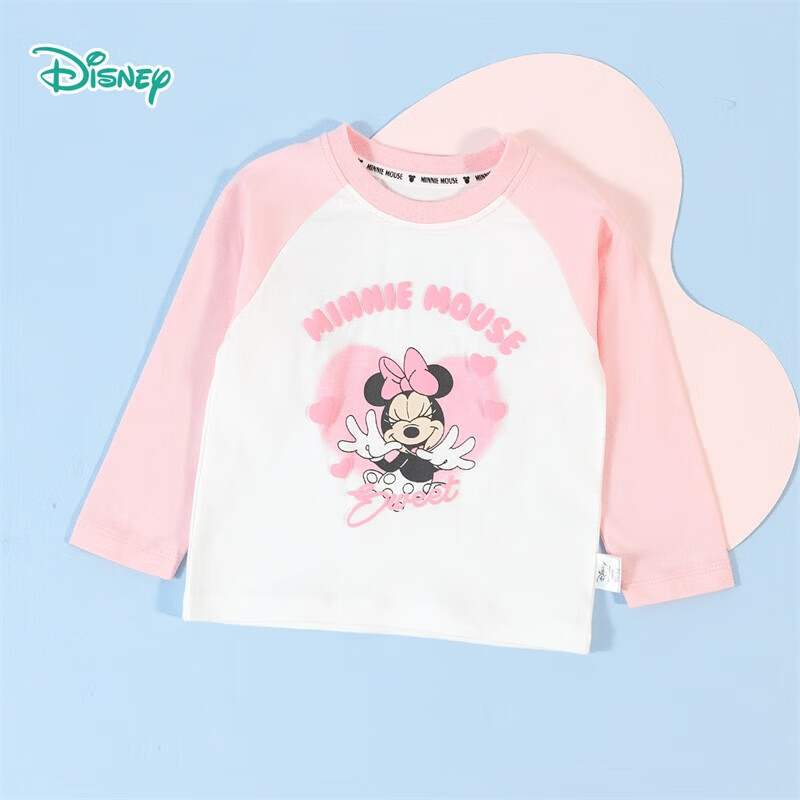 迪士尼（Disney）女童长袖t恤春秋中大童米妮上衣插肩袖纯棉打底衫 甜蜜粉120cm