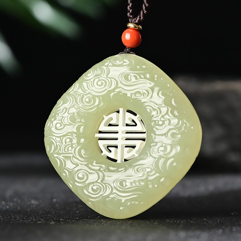 玉赐平安天然新疆和田玉仿古寿牌男士吊坠镂空玉石挂件宝宝锁女款项链