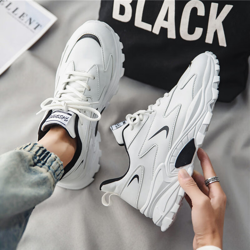 布艺庭男鞋春季2024新款潮流百搭皮面运动休闲跑步防滑增高小白老爹潮