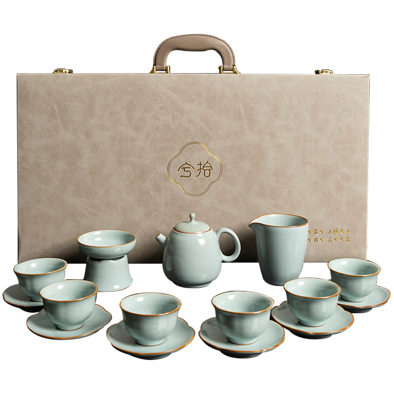 容山堂汝窯茶具套裝汝瓷蓋碗茶杯公道杯高檔陶瓷瓷器便攜茶具泡茶器全套 陌上花開汝窯茶壺套裝-天青色