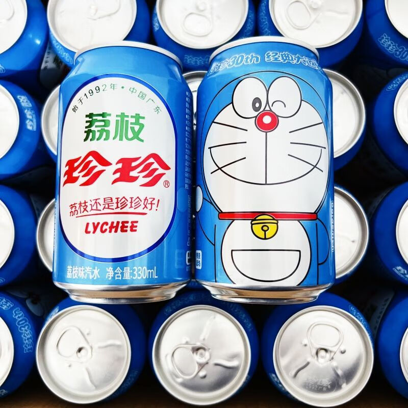 珍珍荔枝味汽水330ml易拉罐哆啦a梦30周年限量版碳酸饮料怀旧汽水 哆